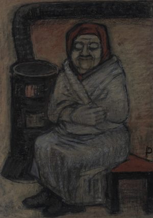 Altes Mütterchen am Ofen wärmend