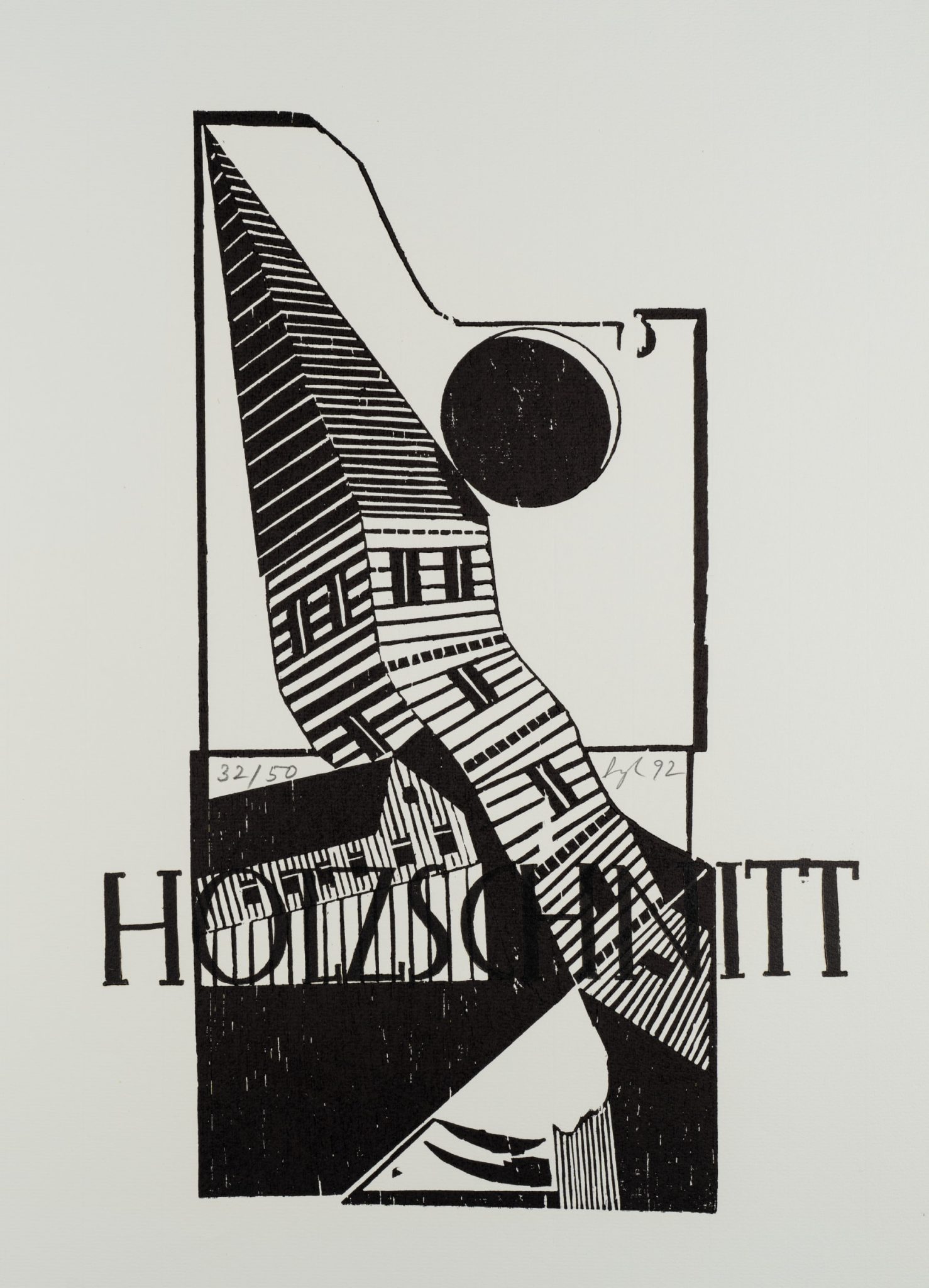 "Holzschnitt mit Titel" mit verformtem Kirchturm