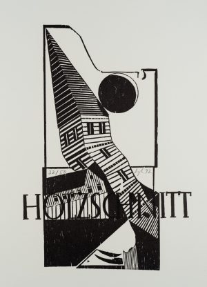 "Holzschnitt mit Titel" mit verformtem Kirchturm