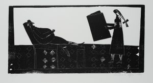 Mädchen mit Buch vor Mann im Sessel, nach Brentano