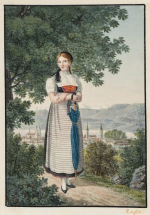 Dame mit Schirm vor Landschaft