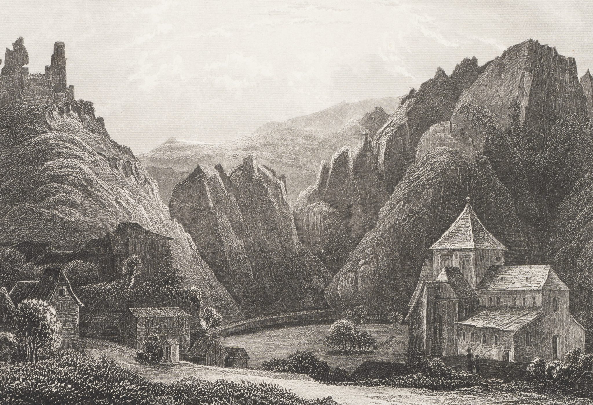 Burg und Kirche im Gebirge