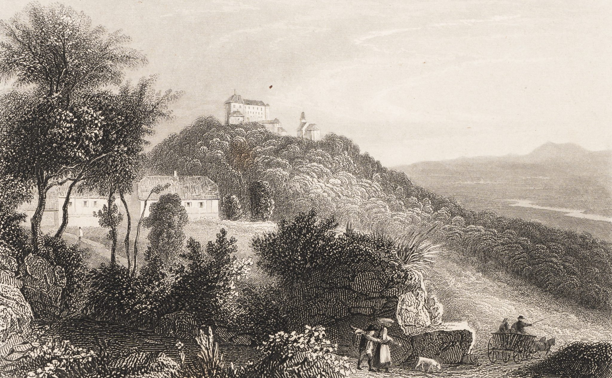 Schloss auf Hügel mit Karren