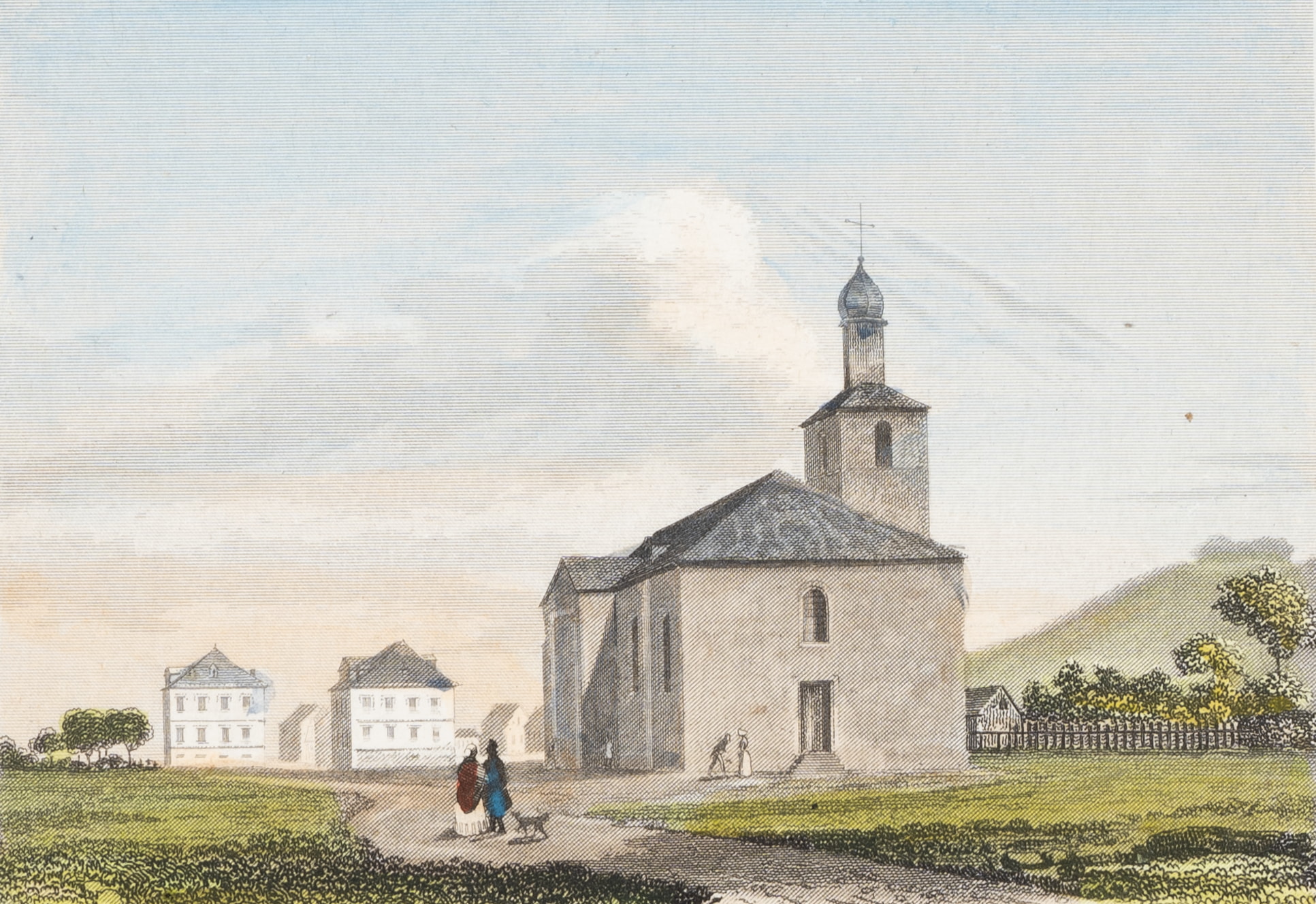 Dorfkirche mit Spaziergängern