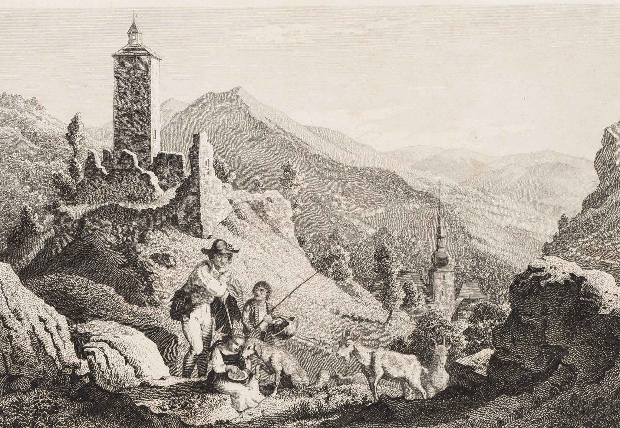 Hirtenfamilie vor Ruine Bernek
