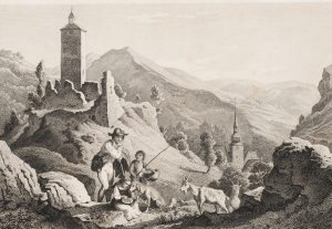 Hirtenfamilie vor Ruine Bernek