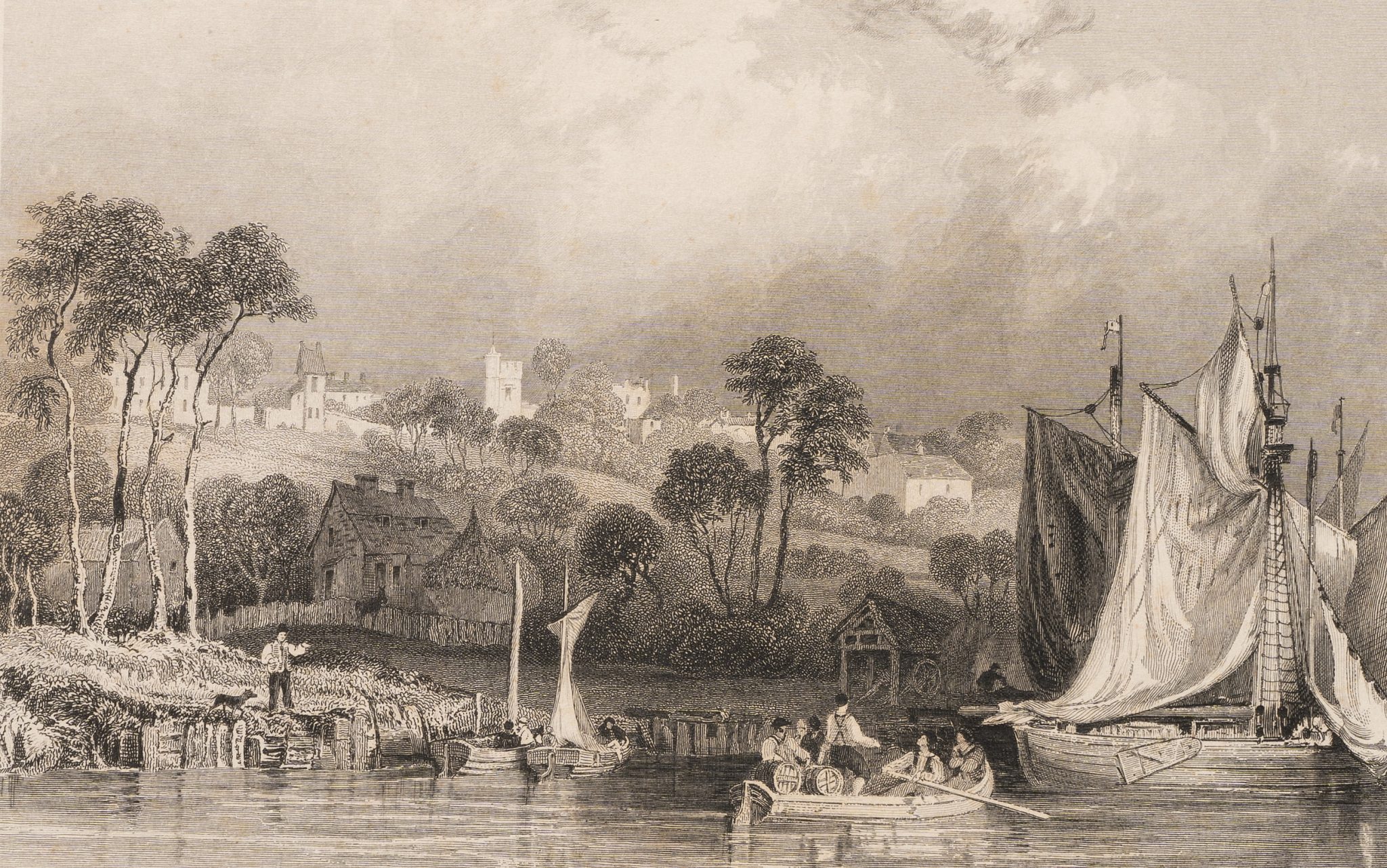 Flussansicht mit Segelschiffen