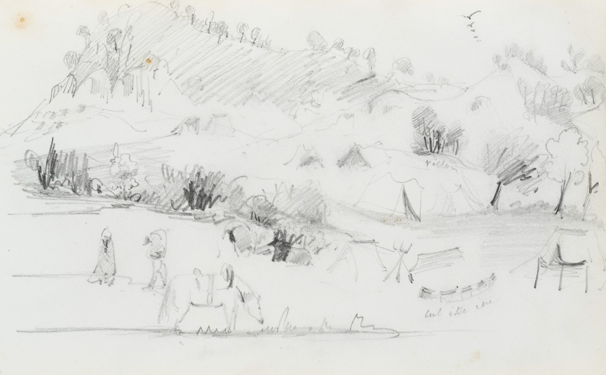 Landschaft mit Zeltlager zwischen Hügeln