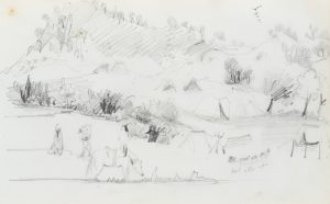 Landschaft mit Zeltlager zwischen Hügeln