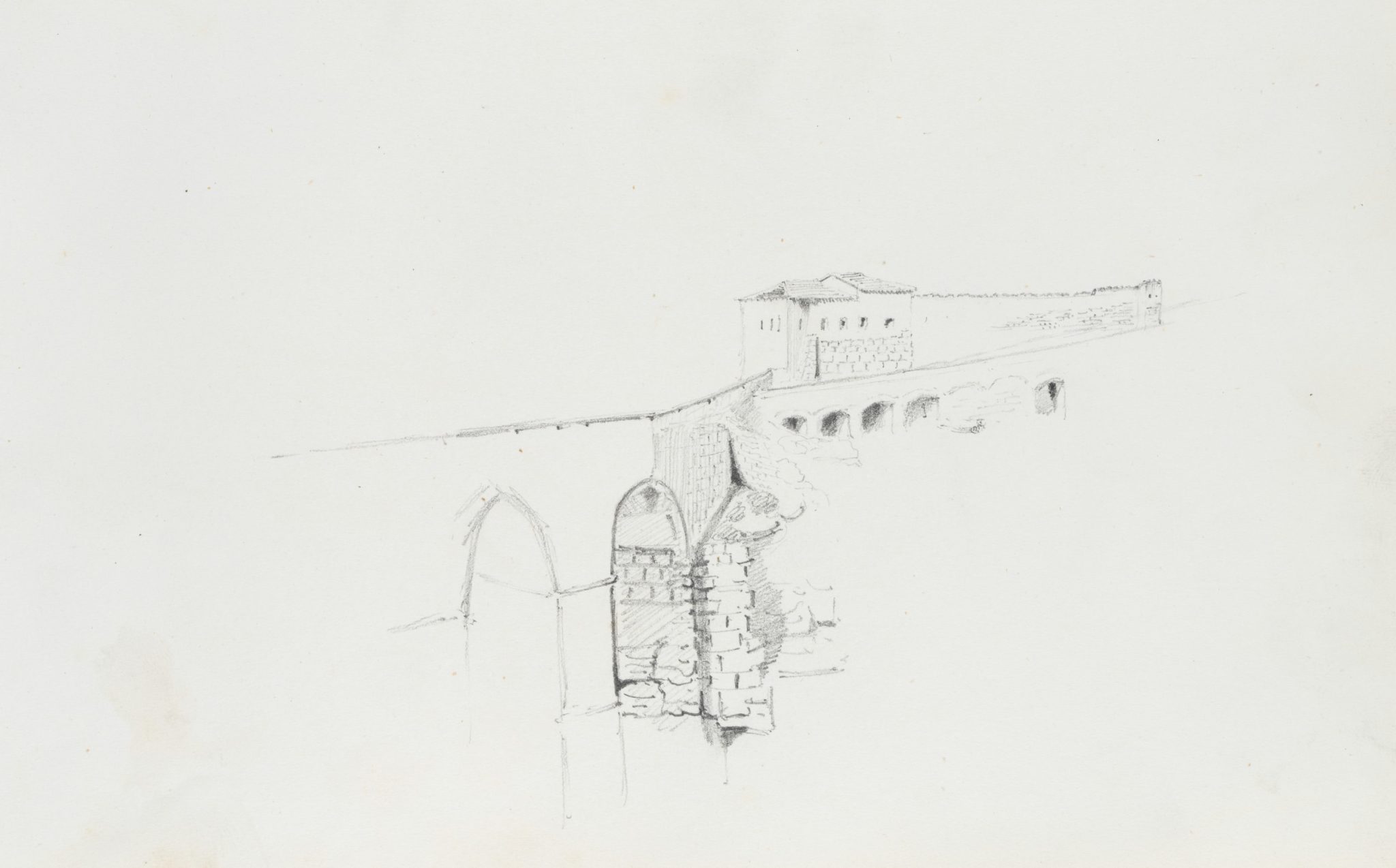 Architekturskizze einer historischen Steinbrücke