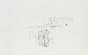 Architekturskizze einer historischen Steinbrücke