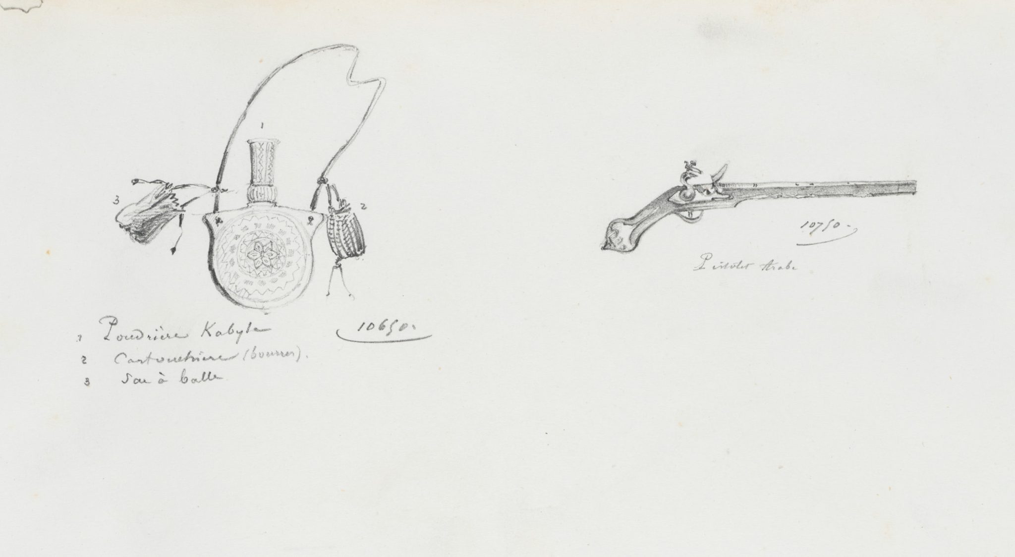 Waffenstudie. Pulverhorn und Pistole