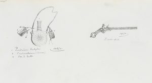 Waffenstudie. Pulverhorn und Pistole