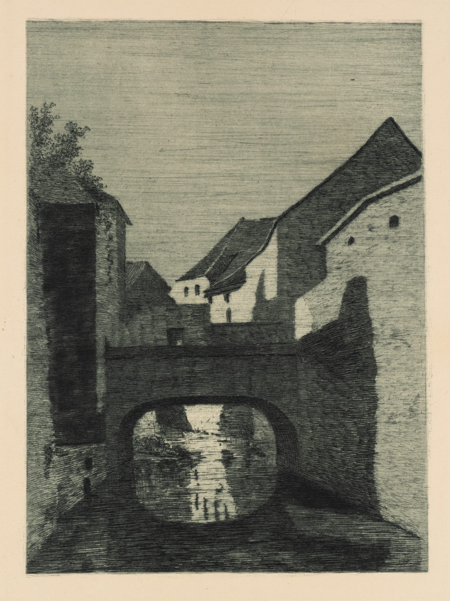 "La Senne à Soignies". Stadtansicht mit schmalem Fluss