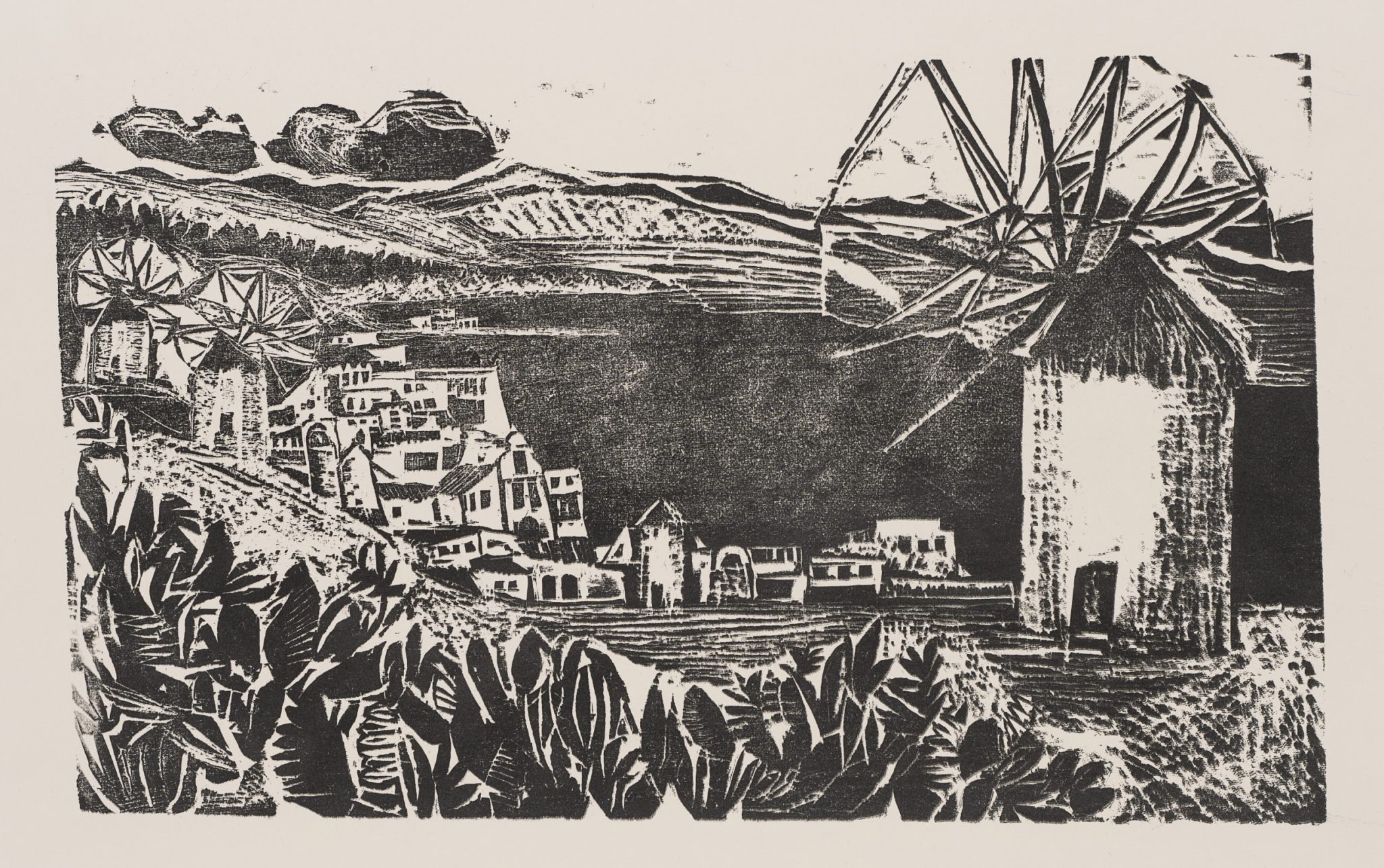 Landschaft mit Dorf und Windmühlen