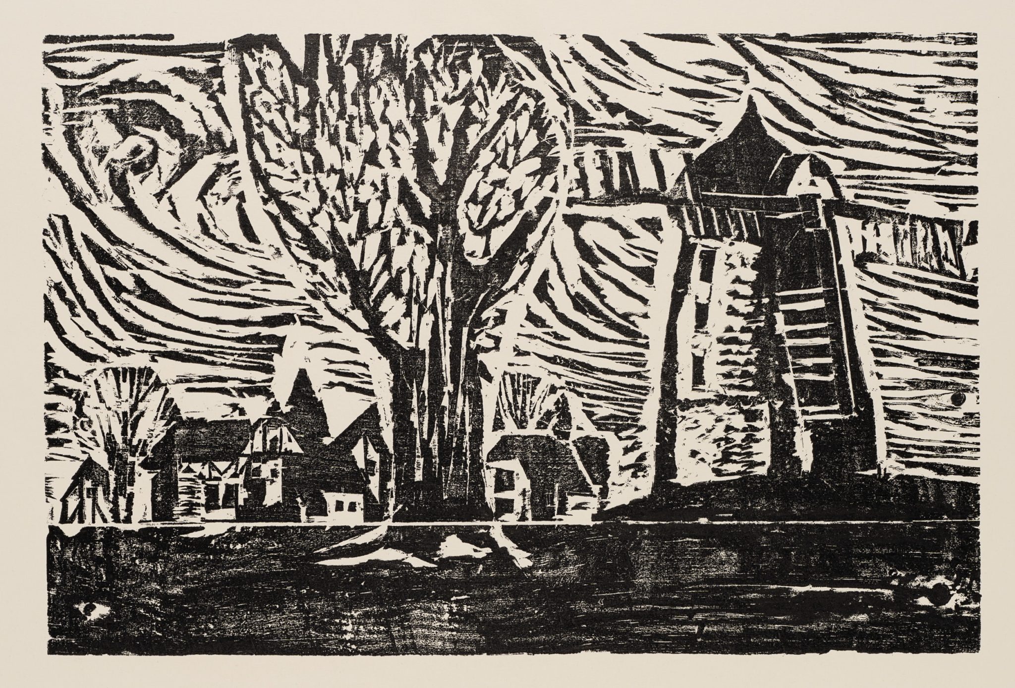 Abstrakte Dorfansicht mit Baum und Wehrturm