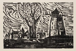Abstrakte Dorfansicht mit Baum und Wehrturm