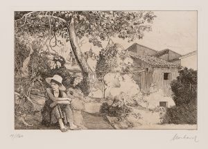 Landleben. Landfrau vor Bauernhütte