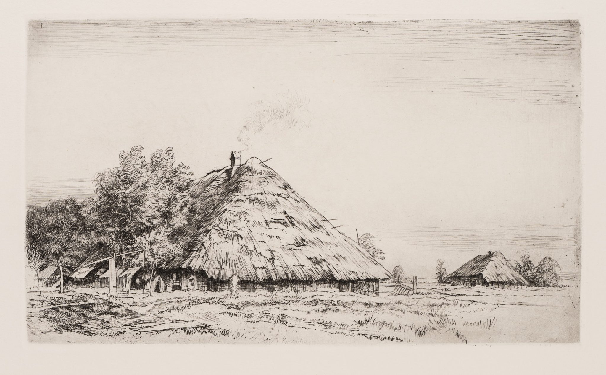Landschaft mit strohgedeckten Scheunen