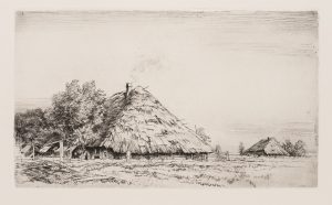 Landschaft mit strohgedeckten Scheunen