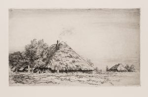 Landschaft mit strohgedeckten Scheunen