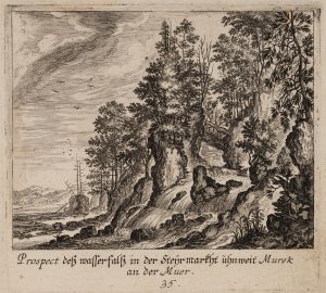 Felsiges Waldstück mit Wasserfall