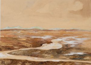 Flache weite Schlammlandschaft mit Fluss