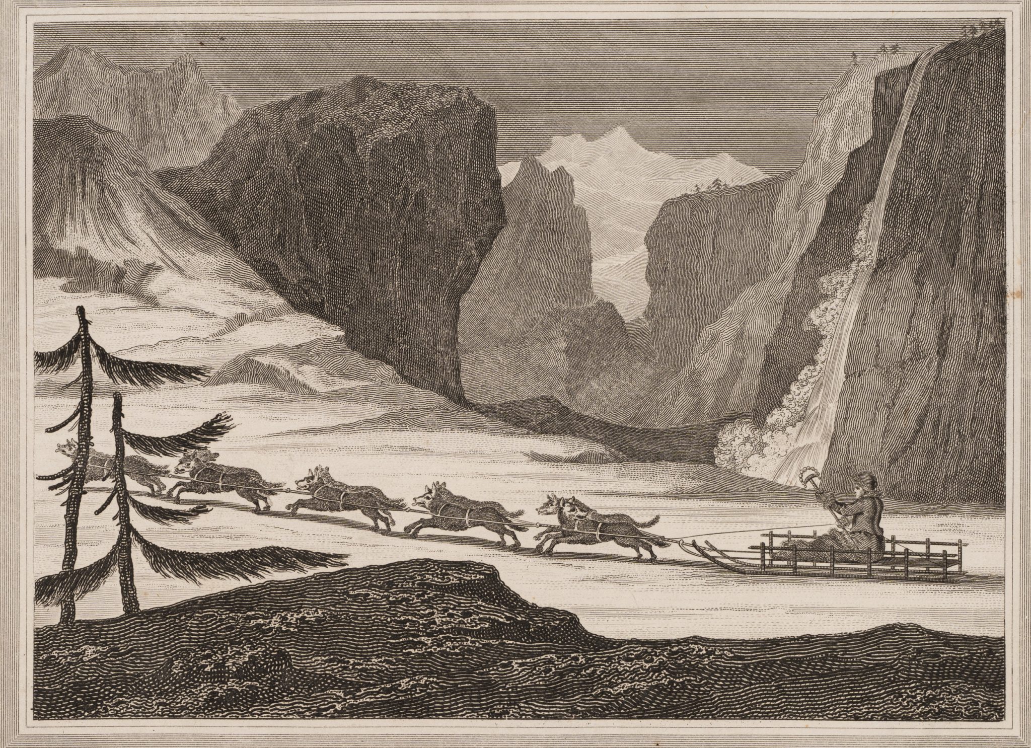 Bergige Winterlandschaft mit Hundeschlitten