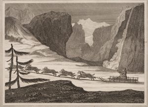 Bergige Winterlandschaft mit Hundeschlitten