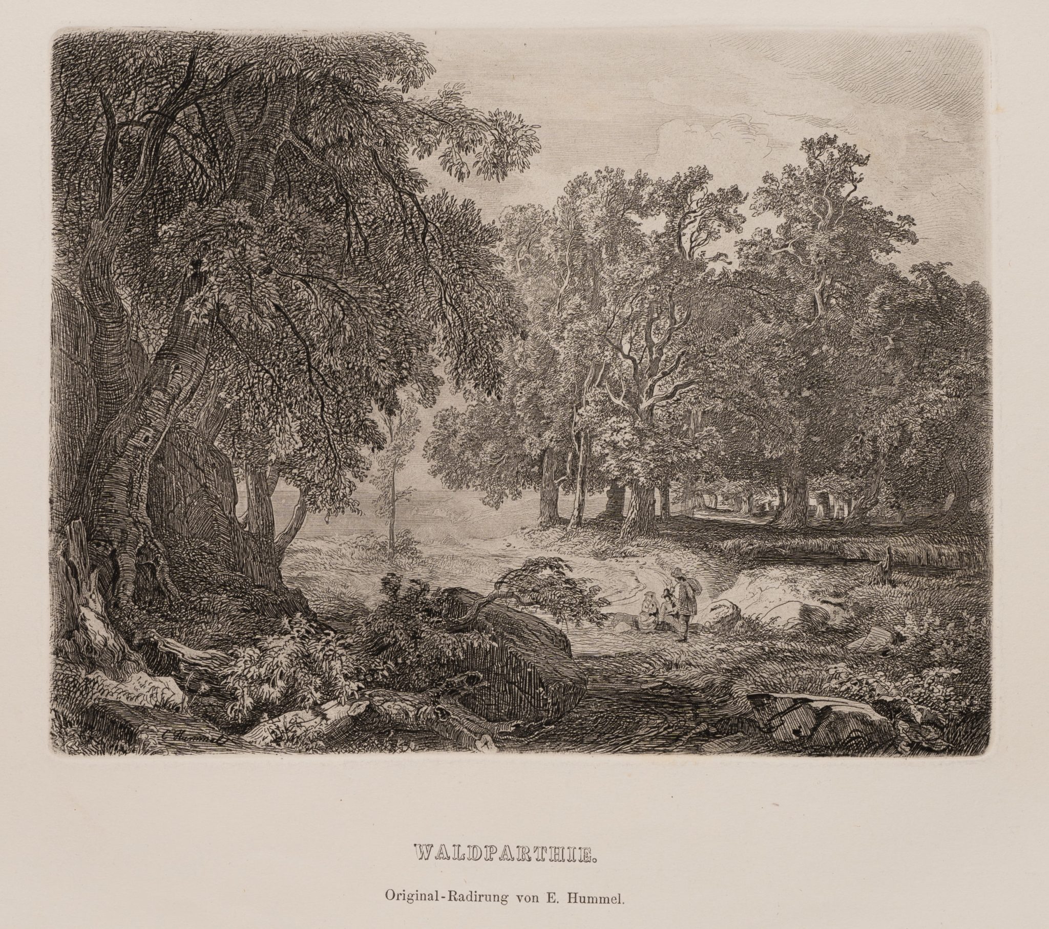 "Waldparthie". Waldlandschaft mit rastender Familie
