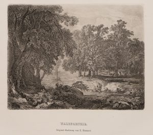 "Waldparthie". Waldlandschaft mit rastender Familie