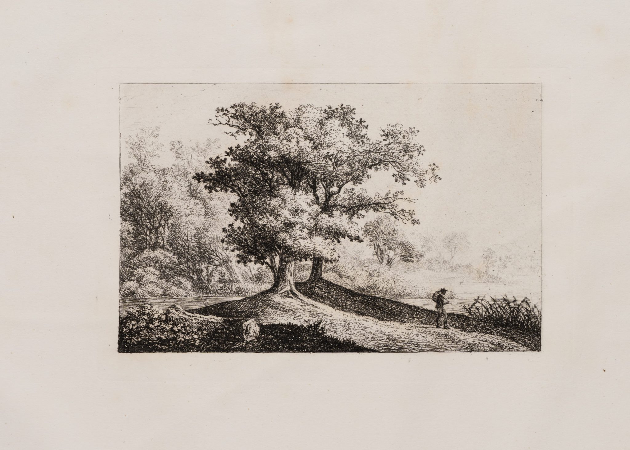 Landschaftsdarstellung mit Baum und Wanderer