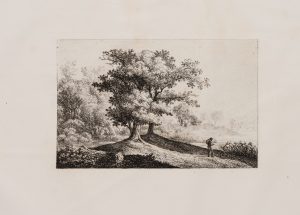 Landschaftsdarstellung mit Baum und Wanderer