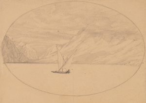Seenlandschaft mit Segelboot vor Gebirgskulisse