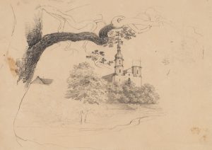 Baum im Vordergrund mit Kirche im Hintergrund