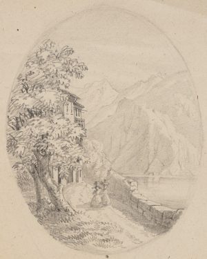 Haus am See vor Gebirgskulisse