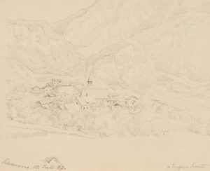 Dorfszene in Alpenpanorama