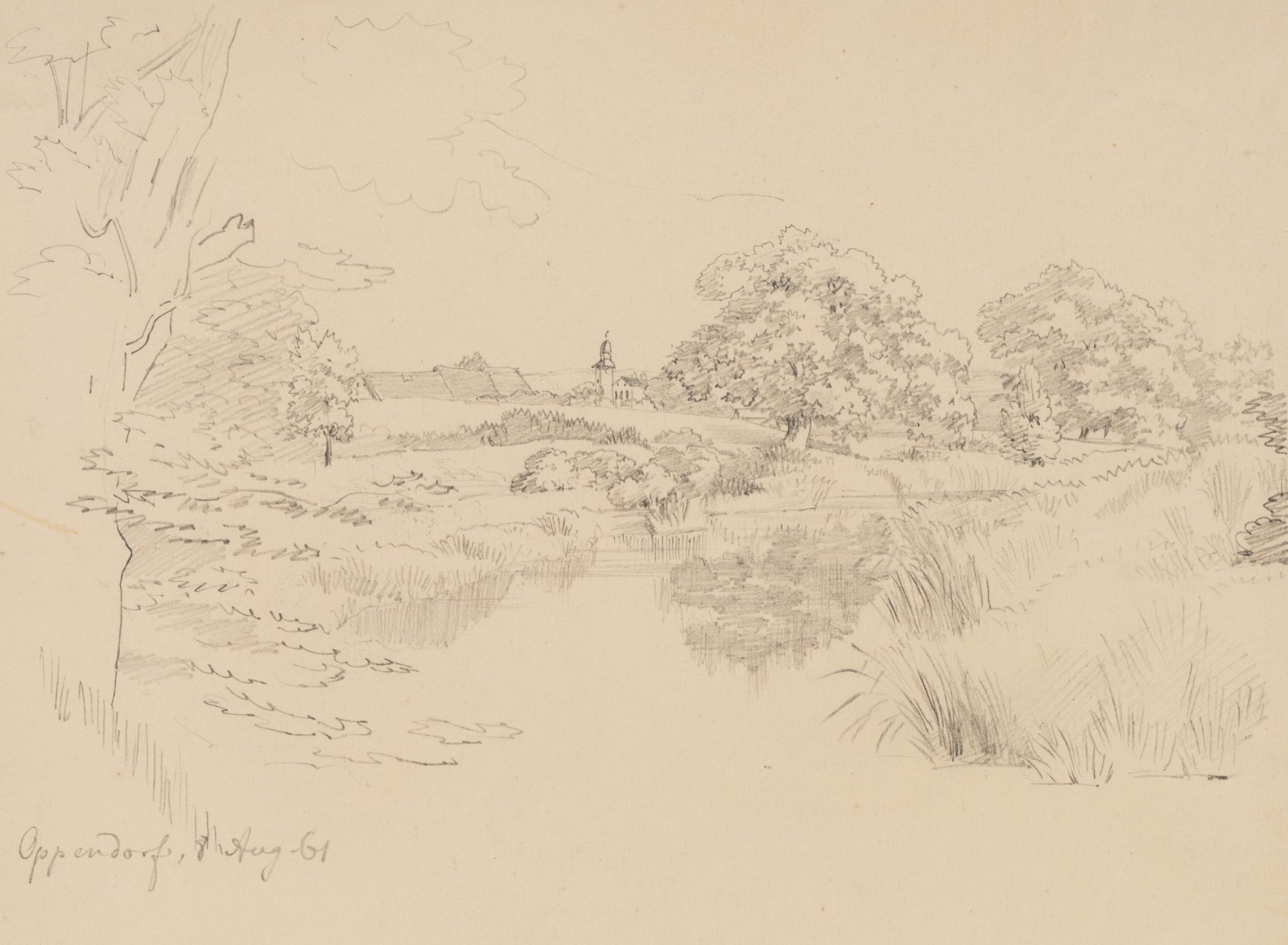 Naturlandschaft mit Teich und Dorf in der Ferne