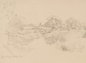 Naturlandschaft mit Teich und Dorf in der Ferne
