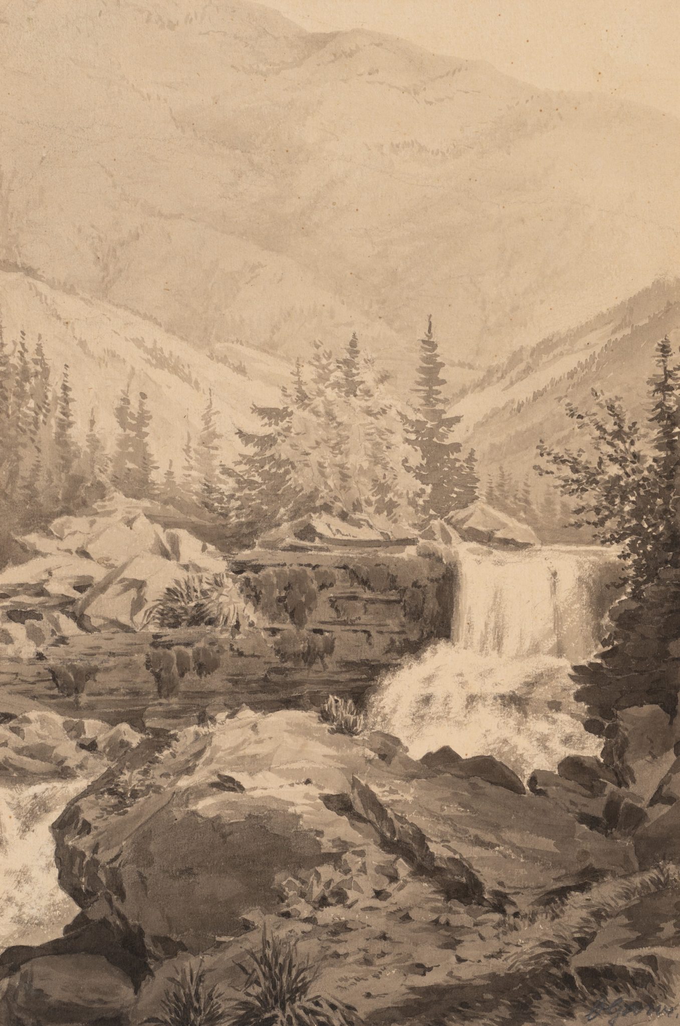 Waldgebirge mit Fluss und Wasserfall