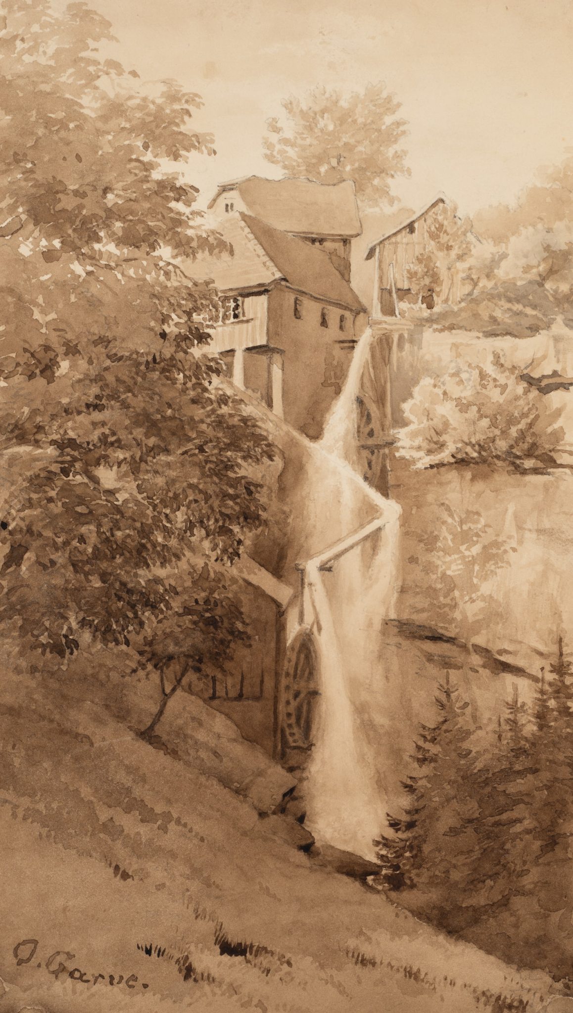 Idyllische Naturlandschaft mit Wassermühle am Hang