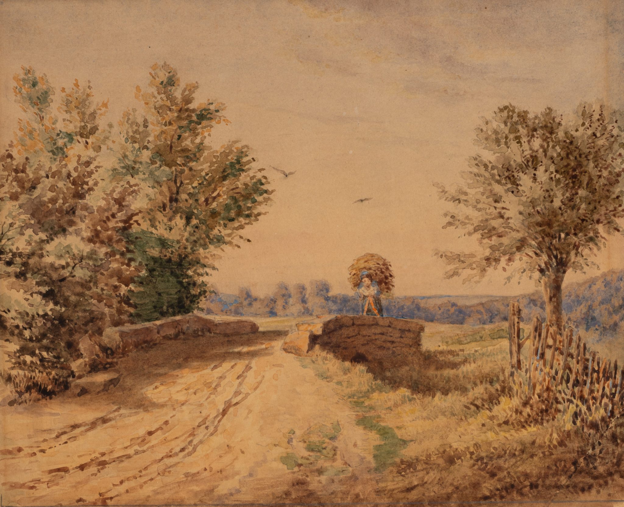Heuträgerin auf Steinbrücke