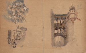 Studienblatt, Architektur und Figurenszenen
