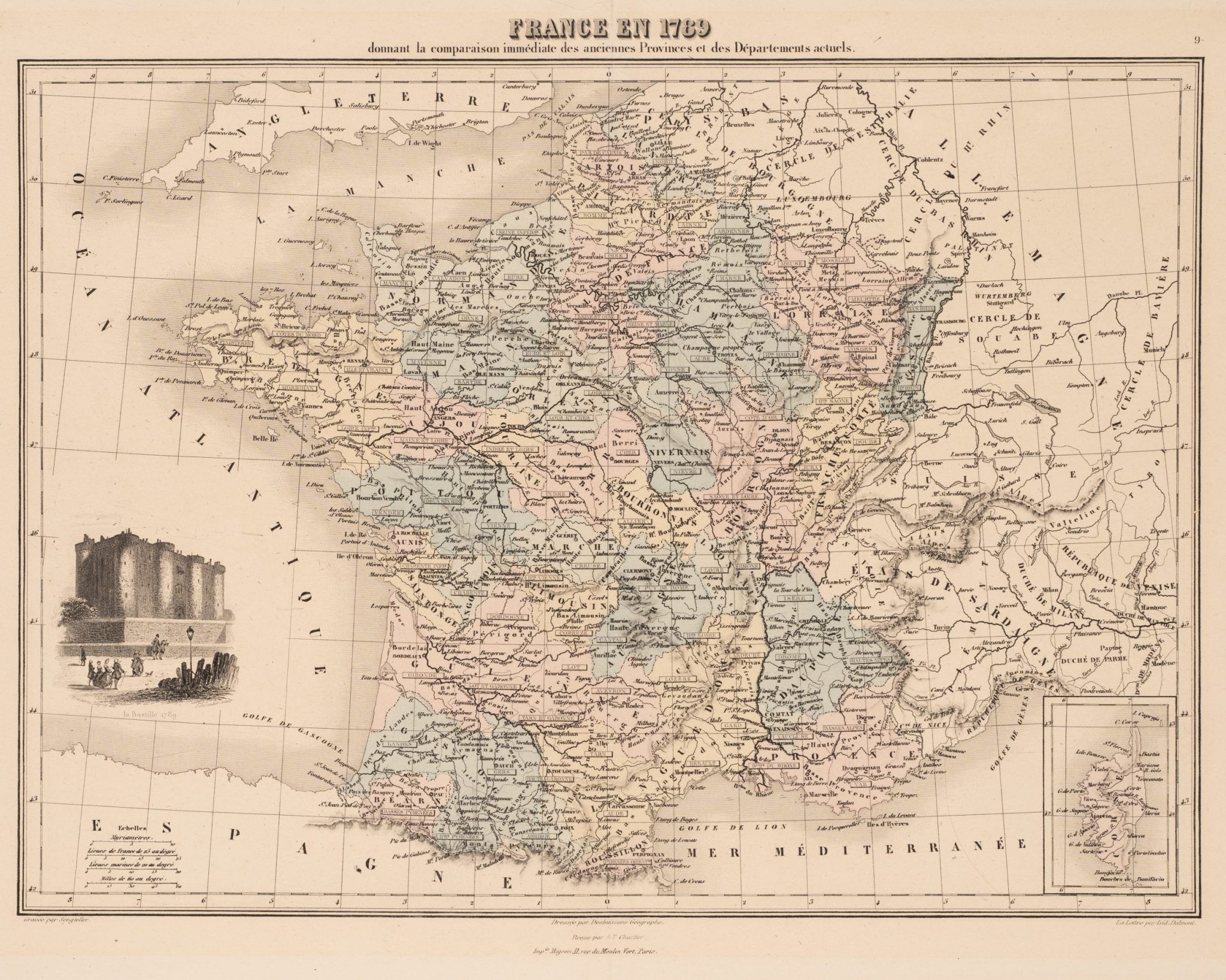 Karte Frankreichs mit Provinzen und Departements