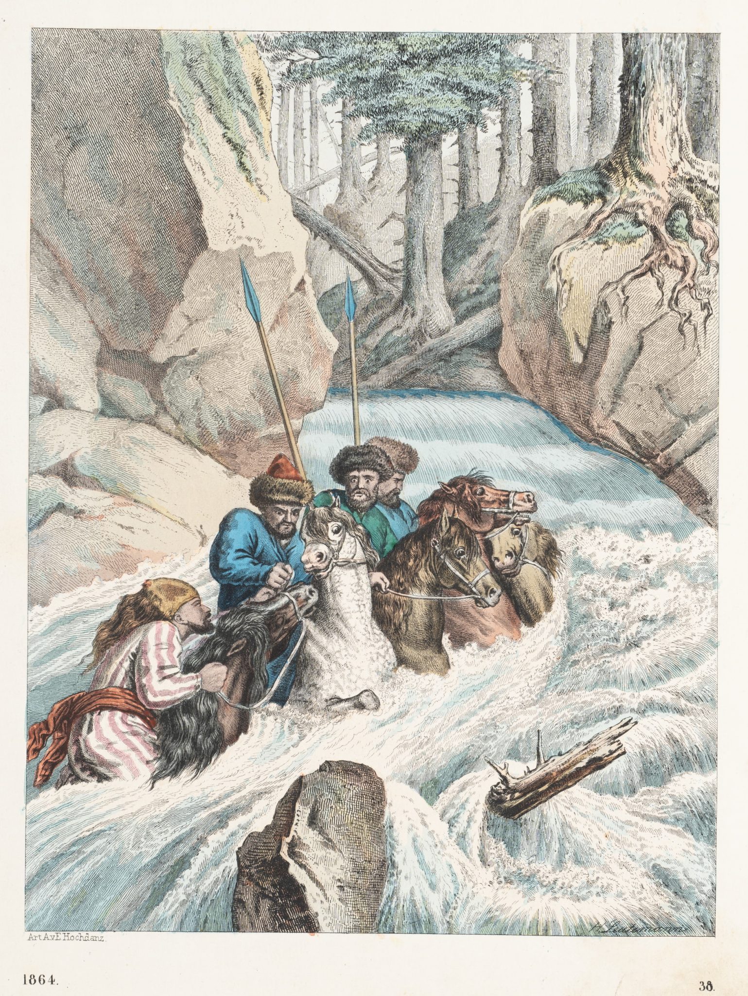 Mongolische Reiter im Fluss