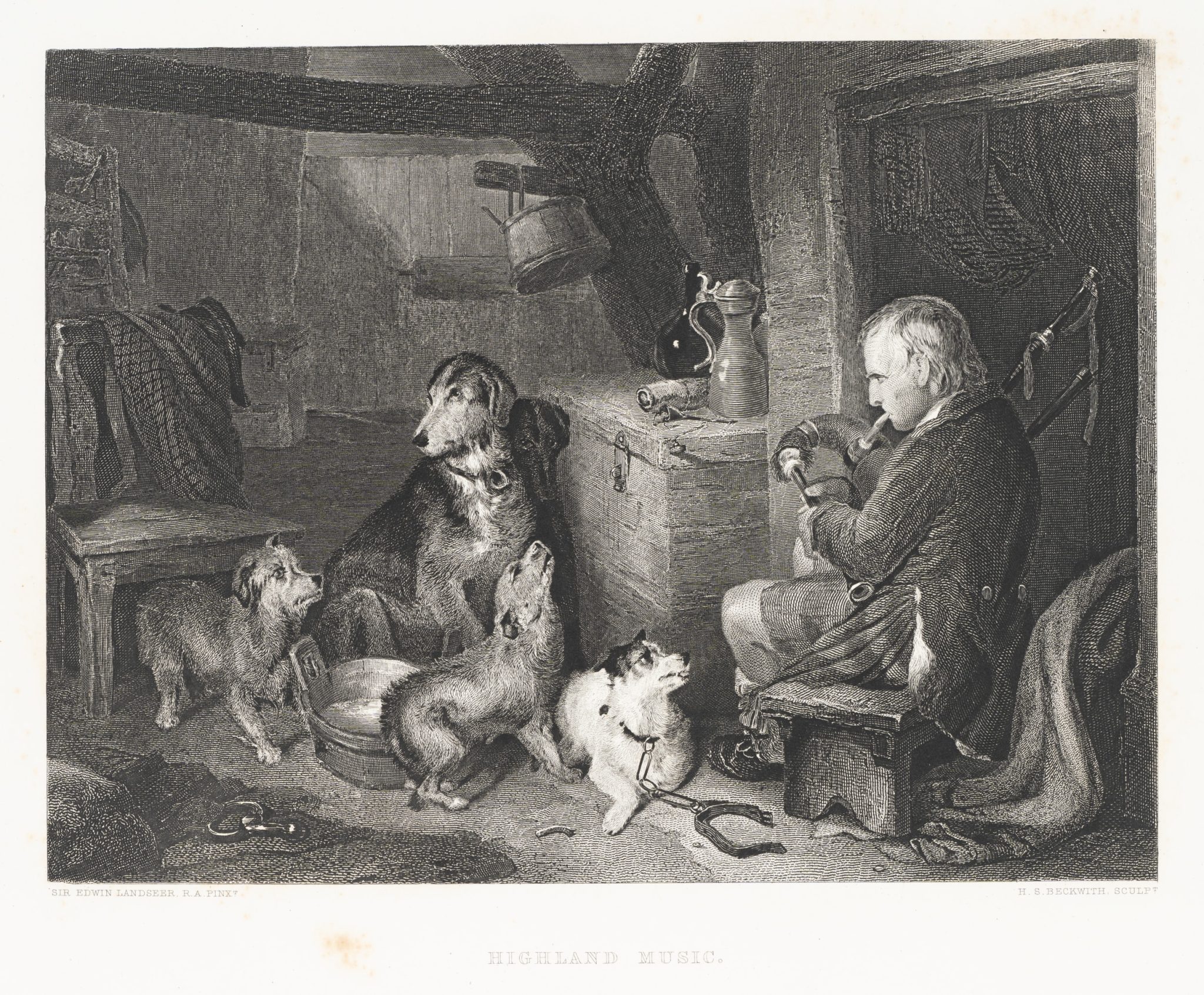 Highland Music. Bagpipe mit Hunden