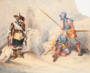Historische Soldaten vor Ruinen