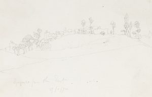 Landschaftsskizze mit Stadt auf einem Hügel