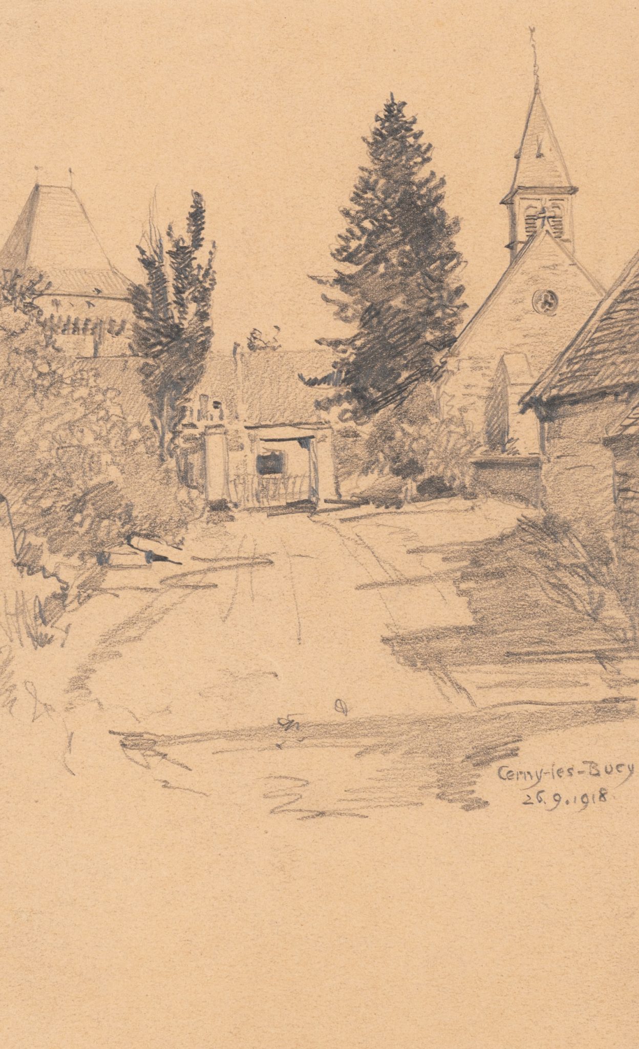 Ansicht einer Dorfstraße mit Kirche