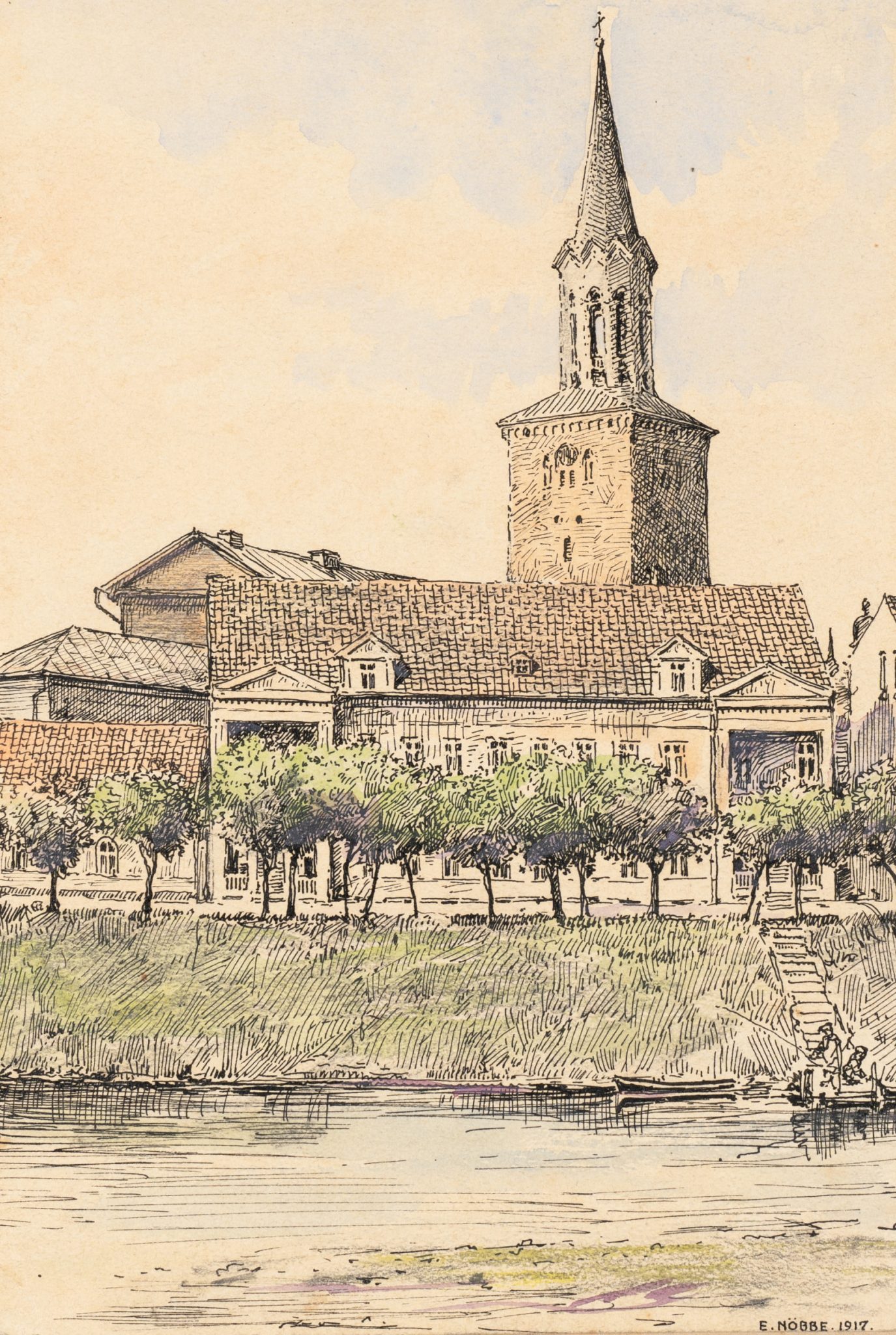 Kirche am Fluss. Stadtansicht Mitau